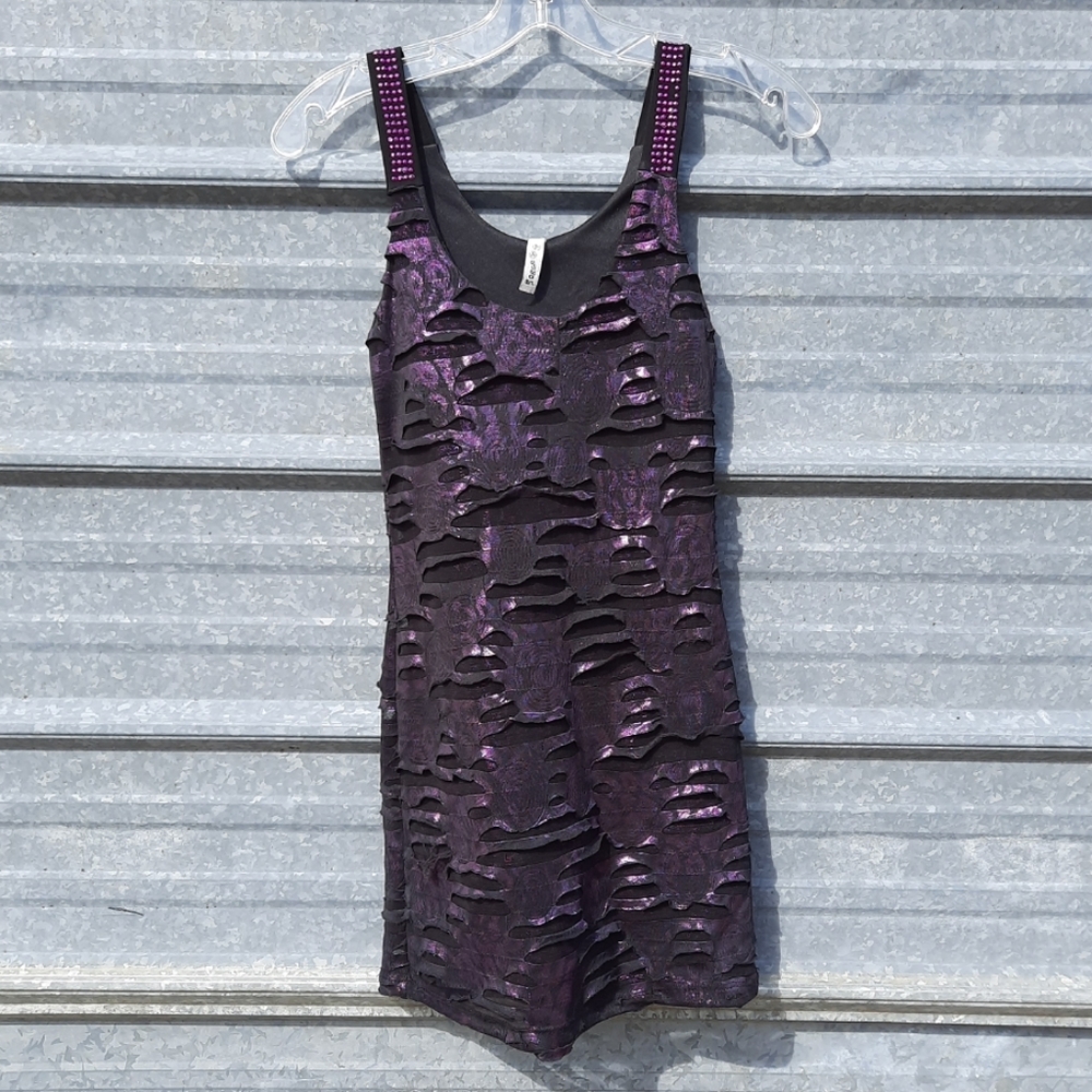 Sexy Metallic Purple Slasher Rhinestone Bodycon Mini Yoyo5 Dress - Picture 11 of 17